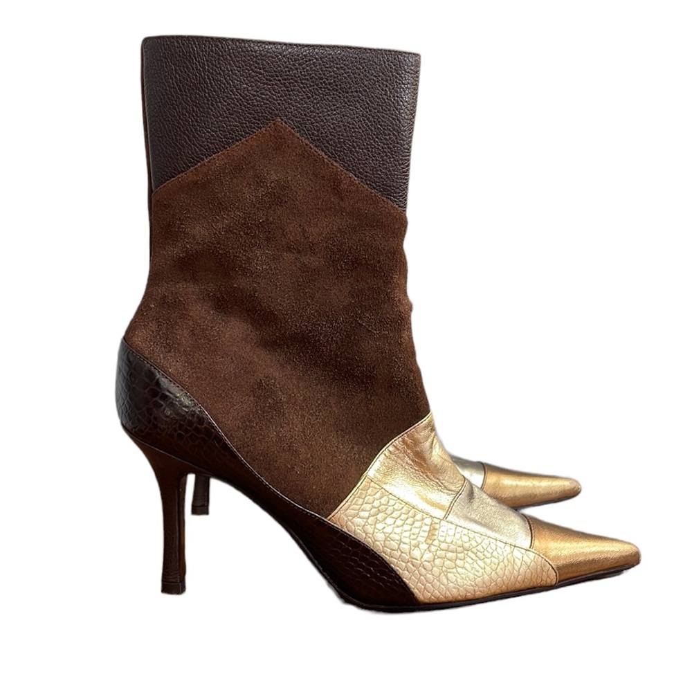 ALESSANDRA GOLD for RED FAUX BROWN SUEDE & GOLD LEATHER 3/4 STILETTO BOOT